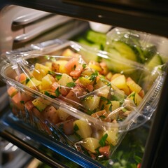 the mixed smoked potato salad covered with a clear plastic wrap, placed inside a refrigerator to chill
