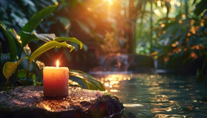 Spa concept with burning candle in tropical rainforest. 