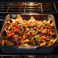 the nachos being placed inside the preheated oven
