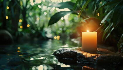 Spa concept with burning candle in tropical rainforest. 