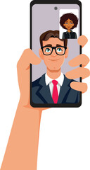 Business Video Conference on a Smartphone Vector Illustration Design. People connecting via mobile app chatting on a video call 
