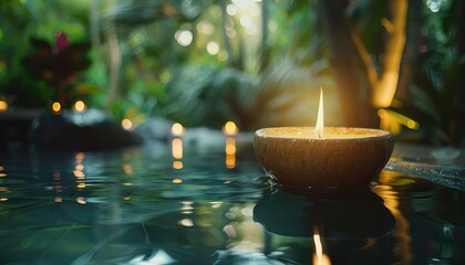 Spa concept with burning candle in tropical rainforest