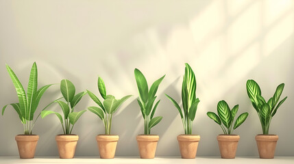 Minimalist Composition of Potted Plants Against White Wall - Photorealistic 3D Rendering