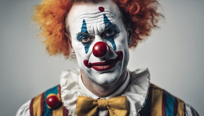 adult clown with tears flowing and sad facial expression, isolated white background.	
