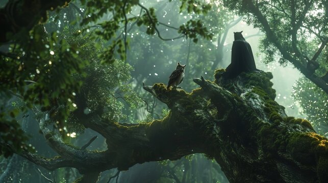 Deep in a mystical forest a cloaked mage and their trusty owl familiar sit atop a mosscovered tree branch using their combined powers . .