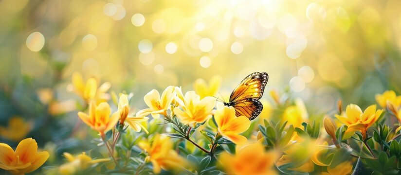 Background of spring featuring yellow flowers and a butterfly.