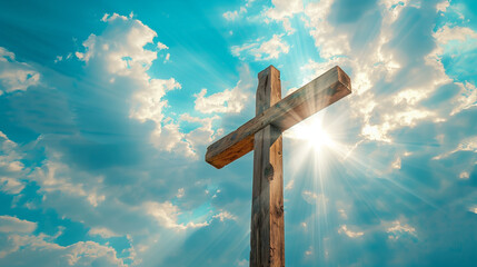 Wooden cross on a blue sky with clouds and sun rays in the background
