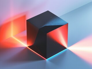 3D rendering of a black cube with red and blue light rays on a white background.