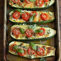 zucchini boats stuffed with a mixture of creamy ricotta cheese, grated Parmesan, finely chopped spinach, and quartered cherry tomatoes
