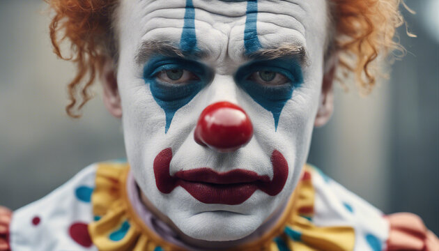 adult clown with tears flowing and sad facial expression, isolated white background.	

