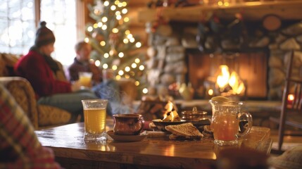 Obraz premium A cozy living room with a fireplace and guests gathered around a table sipping on steaming mugs of hot apple cider.