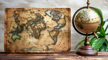 A globe sits on a table next to a map of the world