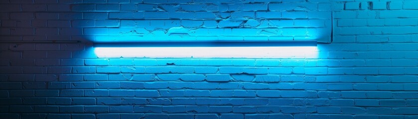 Blue light shines on a brick wall.