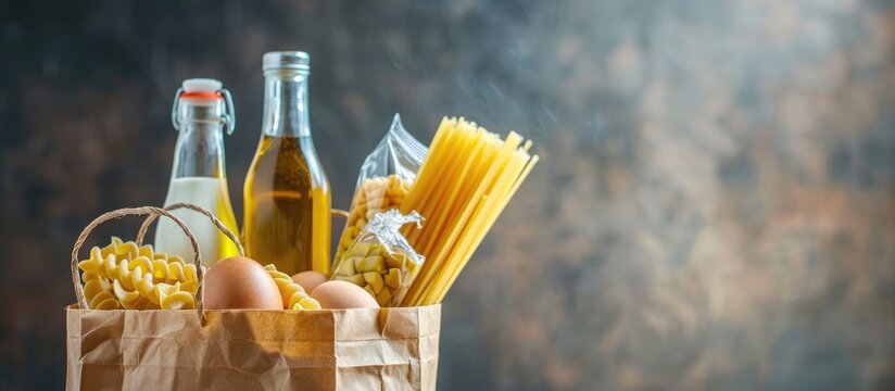 A paper shopping bag containing a selection of food items, representing the concept of food donation and safe delivery service. Included are pasta, eggs, canned food, a bottle of oil, and milk.