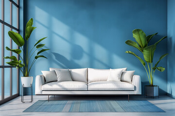 “Modern Elegance” A pristine white sofa adorned with patterned cushions sits against a vibrant blue wall, flanked by lush green plants, casting soft shadows, evoking a serene and modern ambiance.