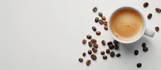 Fototapeta premium A flatlay of half a coffee cup with coffee and scattered coffee beans on a white surface. Ample space for text.
