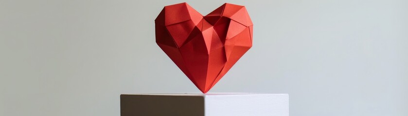 Red origami heart on a white background.