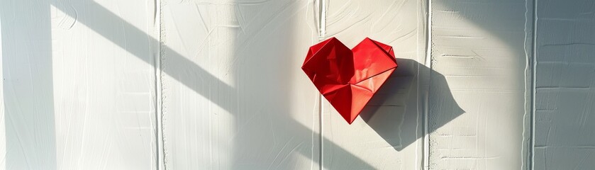 Red origami heart on a white wooden background.