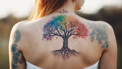 colorful tree of life tattoo on women body, isolated white background
