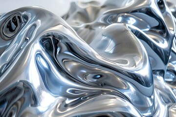 The image is a close-up of a shiny, silver-colored metal surface. The surface is rippled and has a few small dents.