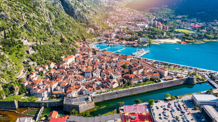 Aerial view of the old town of Kotor, Montenegro. Bay of Kotor bay is one of the most beautiful...