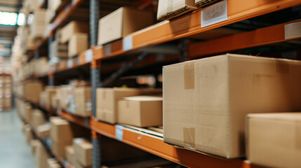 close up of cardboard packages on shelve in warehouse