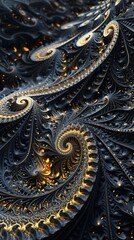 The image is a dark blue and gold fractal. It is very detailed and looks like a close-up of a plant or flower.