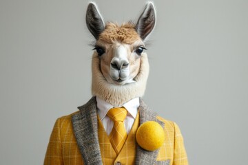 Obraz premium A Llama in a tailored business suit, standing against a soft pastel background, AI Generative