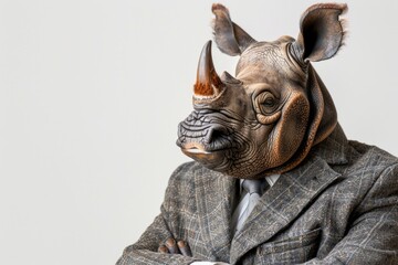 A Indian Rhinocerosin a sharp business suit, poised and dignified, isolated against a stark white background, AI Generative