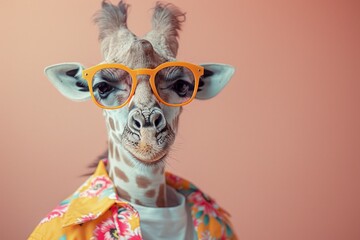 A Giraffe styled in funky fashion with a colorful jacket, casual shirt, and dark shades, against a soft pastel background, creating a cool, AI Generative