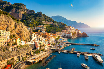 View of beautiful Amalfi town, Campania, Italy. Amalfi coast is most popular travel and holiday...