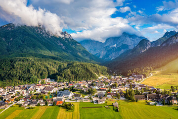 Kranjska Gora town in Slovenia at summer with beautiful nature and mountains in the background....