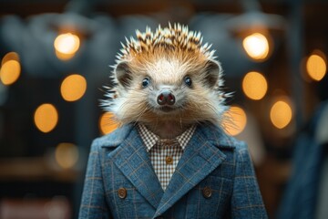 A Porcupine in a crisp business suit, standing confidently in a bustling corporate office, surrounded by impressed human colleagues, AI Generative - obrazy, fototapety, plakaty