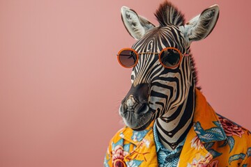 Naklejka premium A Zebra styled in funky fashion with a colorful jacket, casual shirt, and dark shades, against a soft pastel background, creating a cool, AI Generative