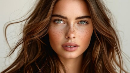 Naklejka premium Beautiful brunette girl captured mid-movement, sleek hair and refined makeup, a studio image that radiates classic allure, AI Generative