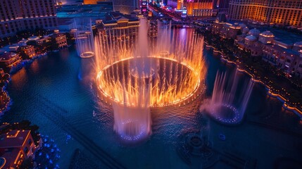 Aerial view of Las Vegas Strip by night, Bellagio Fountains forefront, dazzling neon spectacle, thriving energy, opulent casinos, AI Generative