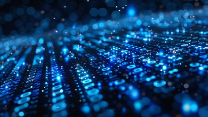 Blue digital binary data streaming across a computer screen, representing modern technology, widescreen, intense focus on flowing numbers, AI Generative