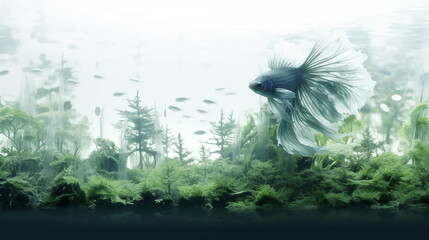 Double Exposure of a Beta Fish (Siamese Fighting Fish), white background ~ Created using Generative AI