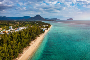 Beautiful Mauritius island with beach Flic en flac. Coral reef around tropical palm beach, Flic en...