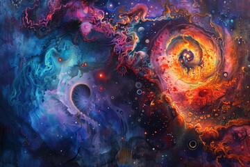 The image is an abstract painting of a colorful nebula