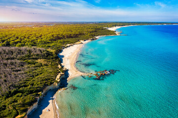 Aerial view of Baia dei Turchi, Puglia region, Italy. Turkish Bay (or Baia dei Turchi), this coast...