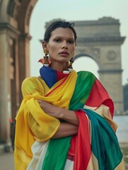 Young Indian Woman in Tricolor Saree Celebrating Independence Day at India Gate