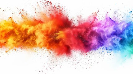 Hyper-realistic depiction of a vibrant explosion of rainbow Holi powder paint, showcasing an array of vivid colors against a pure white background, AI Generative