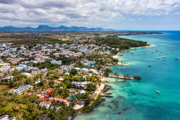 Mauritius beach aerial view of Mont Choisy beach in Grand Baie, Pereybere North. Mont Choisy,...