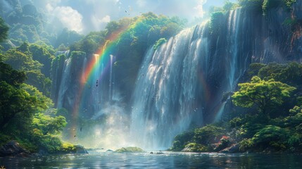 Majestic waterfall plunging into hidden lagoon, vibrant rainbow framing the scene, jungle alive with colorful birds and creatures, AI Generative