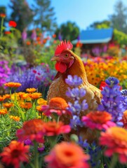 Eco-Friendly Poultry Farm with Vibrant Flower Biosecurity Measures