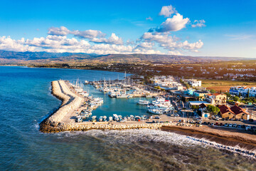 View of Latchi port, Akamas peninsula, Polis Chrysochous, Paphos, Cyprus. The Latsi harbour with...