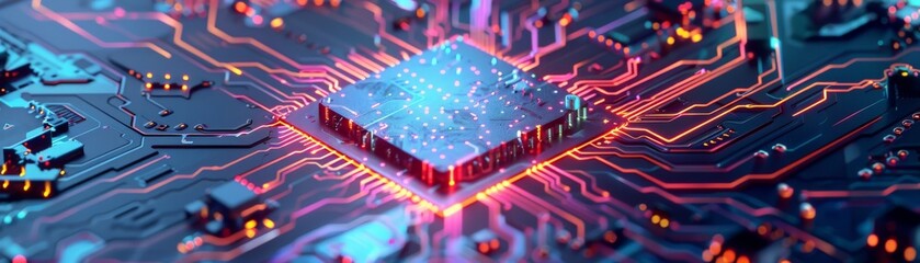 Obraz premium The image shows a close-up of a computer chip with a glowing blue light in the center. The chip is surrounded by a complex network of circuitry.