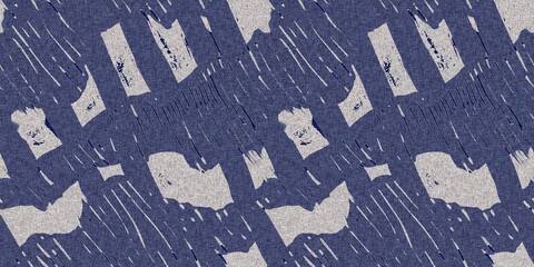 Denim blue dye effect seamless woven linen background, Distressed ink blotch mottled repeat pattern design for fashion border banner ribbon.