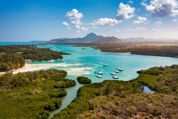 Ile aux Cerfs island with idyllic beach scene, aquamarine sea and soft sand, Ile aux Cerfs,...